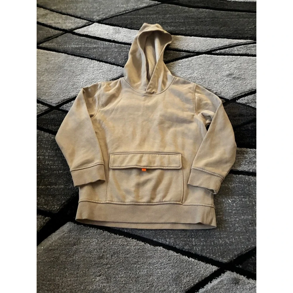 Old Navy Kids Tan Khaki Fleece Pullover Hoodie Front Cargo Pocket Size 5T